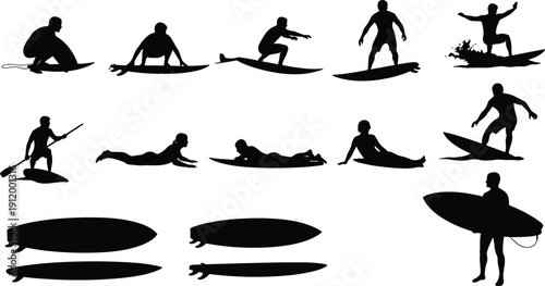 Black vector silhouette set of surfers on boards featuring various active poses like paddling standing and catching waves for summer beach and extreme sports