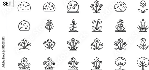 Collection of simple black and white outline icons depicting various types of garden plants shrubs and small trees suitable for nature design projects