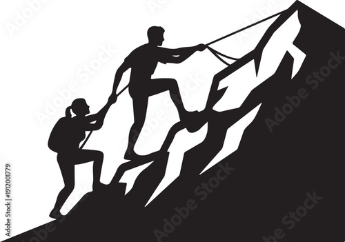 A silhouette of two people climbing a steep mountain together.