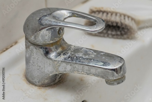 Close up macro texture of chrome bathroom faucet covered in white hard water limescale and mineral deposits