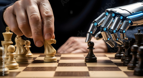 The hand of an elderly man and the hand of a robot playing chess, macro photography