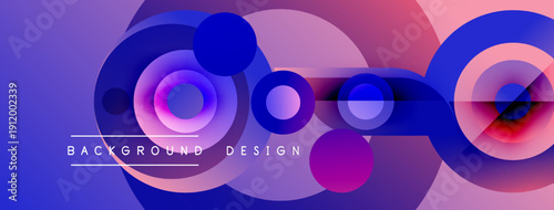 Abstract colorful circles overlap creating dynamic visual effect. Gradient shades blend purple, pink, blue hues. Modern design element.