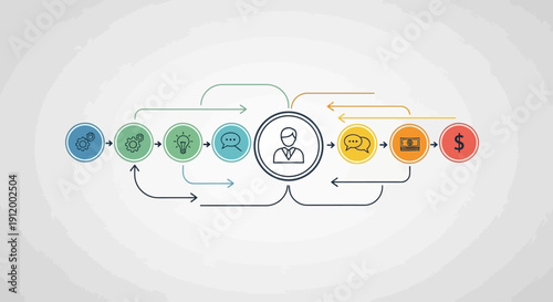 Conceptual illustration of business process and workflow management with icons and flowchart.