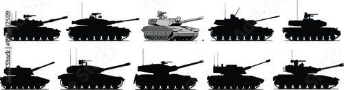 Set of Black Silhouette and Line Art Icons Representing Military Battle Tanks and Heavy Armored Combat Vehicles Isolated on White Background for Graphic Design
