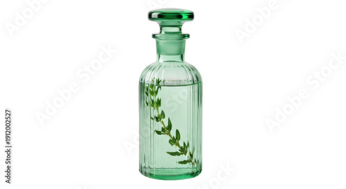 Fotografía Green glass bottle with thyme inside isolated PNG, vintage style decanter with s