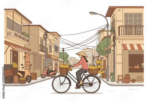 Traditional Vietnamese Street Scene Vector Illustration Featuring a Woman in a Conical Hat Riding a Bicycle with Banana Baskets through an Old Town Neighborhood