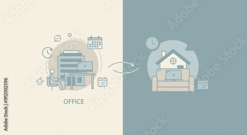 Conceptual illustration of remote work transition from office to home environment.