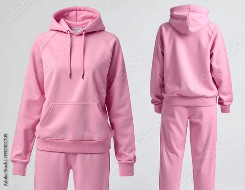 Front and back views of a matching pink hoodie and sweatpants set on a white background