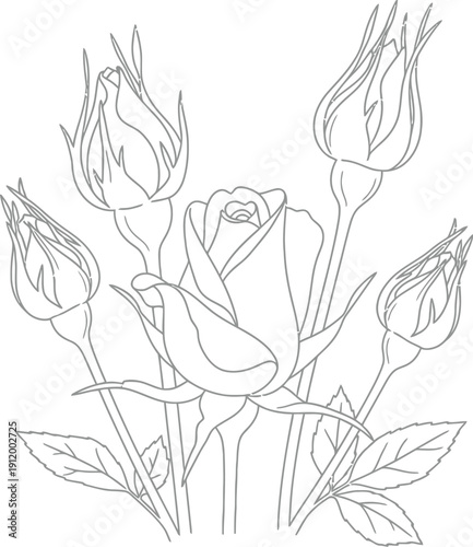 Simple black and white line art drawing featuring a central blooming rose surrounded by several tightly closed rosebuds with delicate leaves perfect for coloring activities.