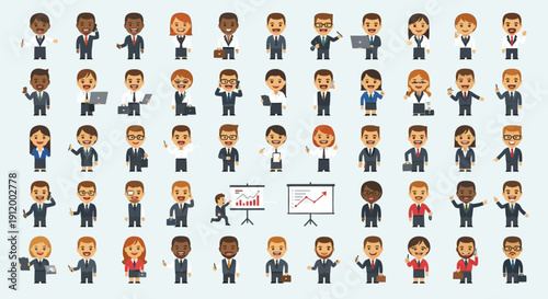 Diverse group of business professionals in various poses and activities.