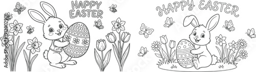 bunny painting easter egg and some flowers, coloring page ready to print on standard 8.5x11 inch paper. eps file.