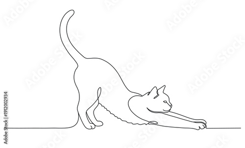 Graceful feline stretching body forward across floor using artistic continuous line sketch