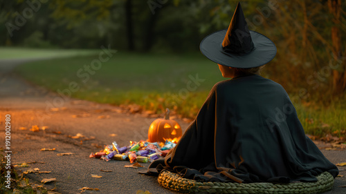 Child in witch costume sitting with Halloween pumpkin and candy on autumn evening, trick or treat concept with copy space
