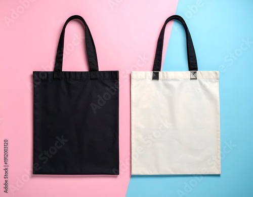 Two tote bags, one black, one white, sit on a color-blocked pink and blue background