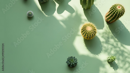 Minimal cactus and succulent plants with long shadows on pastel green background, modern botanical flat lay with copy space