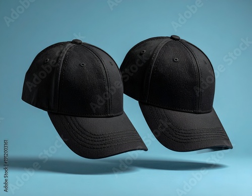 Two black baseball caps floating against a light blue backdrop, showcasing sleek design and a modern aesthetic