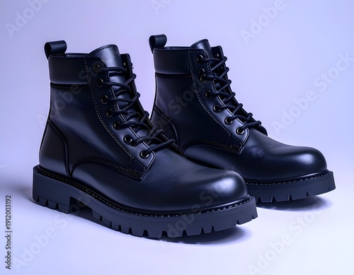 Two black leather combat boots, laced up, sitting on a light-toned surface. Angled studio shot