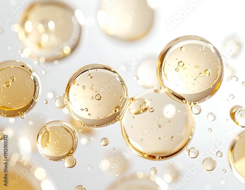 Macro shot of luminous golden bubbles of various sizes, reflecting light against a soft, gradient background
