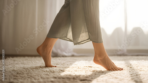 Bare feet walking on soft carpet in morning sunlight, cozy home comfort and relaxation concept