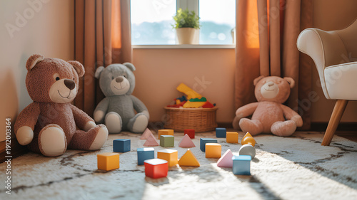 Cozy nursery interior with teddy bears and colorful educational toys, warm sunlight in children room