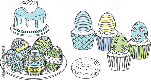 Collection of cute hand drawn Easter holiday baked goods including decorated cookies a glazed cake topped with a cracked egg and festive cupcakes featuring colorful candy eggs