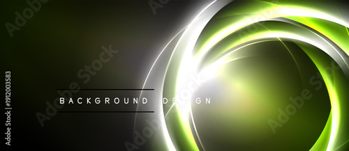 Abstract neon lines form circular shapes. Dark background contrasts bright green, white glow. Text reads background design.
