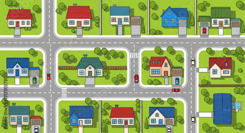 Suburban Neighborhood with Colorful Houses.