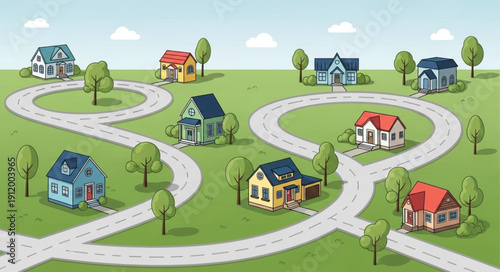 Suburban Neighborhood with Colorful Houses.