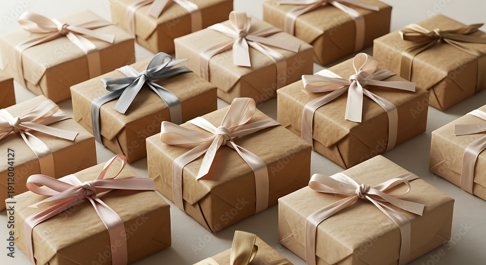 Fototapeta premium Wrapped gift boxes with ribbons festive presentation on light background