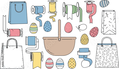Collection of illustrated pastel colored easter celebration supplies including decorative patterned eggs gift bags ribbon spools and an empty woven basket perfect for holiday crafting