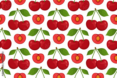 Seamless pattern with whole cherries, halves and green leaves on white background. Bright flat style. For textiles, wrapping paper, packaging, kitchen decor and summer prints. Vector illustration