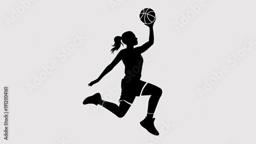 Dynamic woman in motion shooting basketball with energetic leap