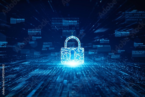 Photos Business professional holding a glowing digital shield with padlock icon, floati