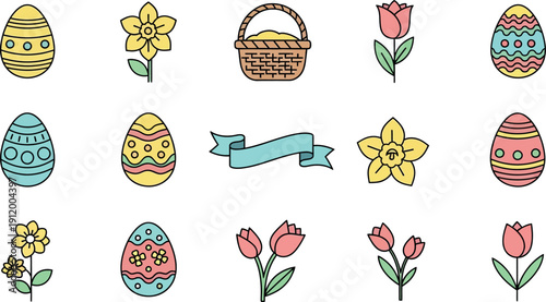 Collection of colorful flat line art icons depicting various elements associated with the joyful spring celebration of easter including decorated eggs flowers a basket and a banner