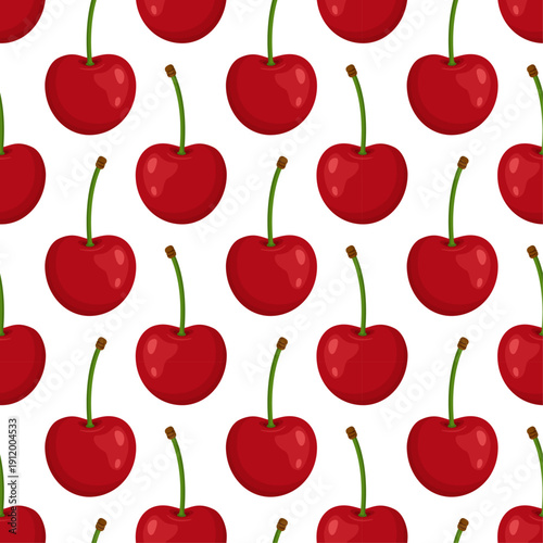 Seamless pattern with red cherries and green stems on light background. Bright flat style. Ideal for textiles, wrapping paper, kitchen decor, packaging, and summer designs. Vector illustration