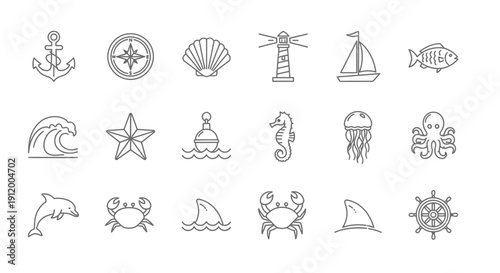 Collection of simple line icons representing various ocean elements and symbols.