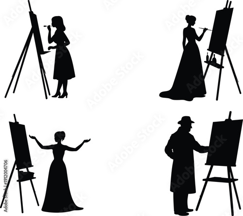 Set of Black Silhouette Icons Featuring Male and Female Artists Painting on Easels and Canvases Isolated on White Background for Creative Studio Graphic Design Projects