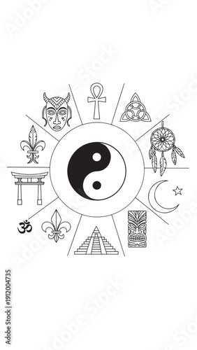 Yin Yang emblem surrounded by diverse symbolic icons representing culture, spirituality, and balance.
