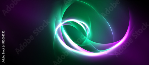 Abstract swirls, vibrant colors blend. Green, purple, white light creates dynamic energy, flowing forms. Dark background emphasizes luminosity.