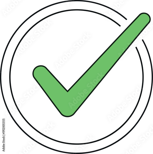 Simple green check mark inside a thin double circle outline symbolizing confirmation approval or task completion on a clean white background graphic element