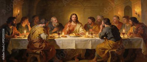 Jesus and men gather for a solemn Last Supper, a pivotal moment in Christian theology. Vintage oil painting for religious education.
