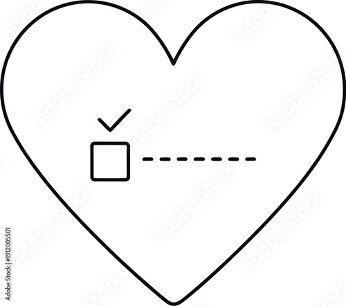 Simple outline icon depicting a checked box within a heart shape suggesting a completed item on a relationship wish list or favorite selection interface element.