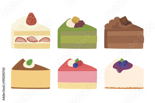 Assorted cake slice illustration set in flat style