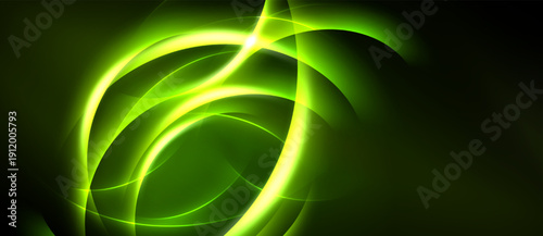 Bright green lines swirl, creating abstract energy flow. Dark background emphasizes luminous curves, forming dynamic visual impact.