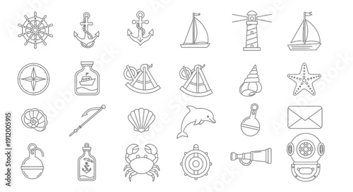 Collection of nautical and marine-themed icons in simple line art style.