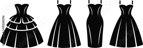 Black vector silhouette set of elegant evening gowns and formal dresses featuring various stylish silhouettes for fashion design boutique branding and 