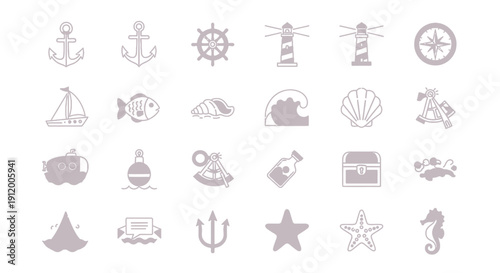 Collection of nautical and ocean-themed icons in simple design.