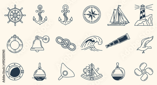 Collection of nautical symbols and icons for maritime navigation.
