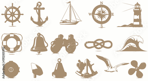 Collection of nautical symbols and icons in brown on white background.