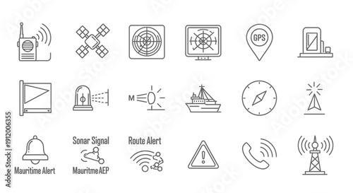 Collection of simple line icons representing communication and alert systems.